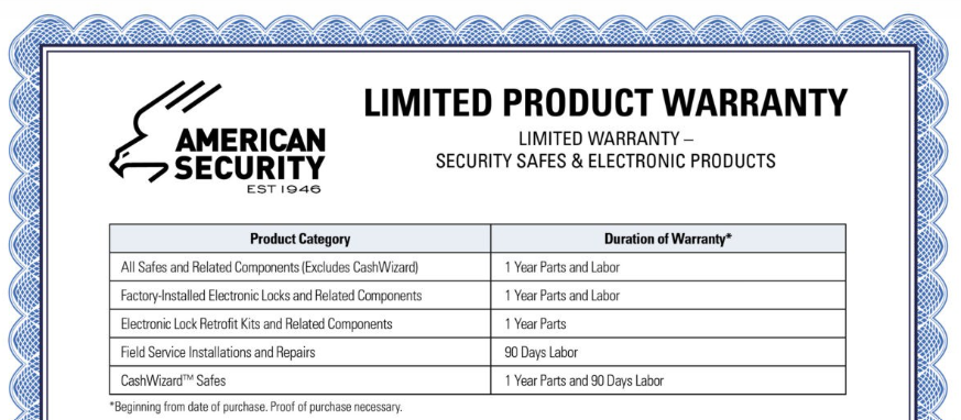 American Security C Series Floor Safe Warranty