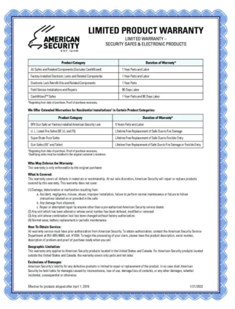 American Security Product Warranty