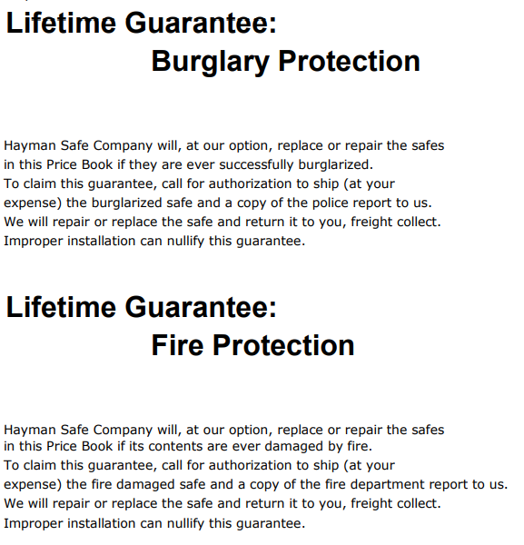 Hayman Floor Safe Lifetime Warranty