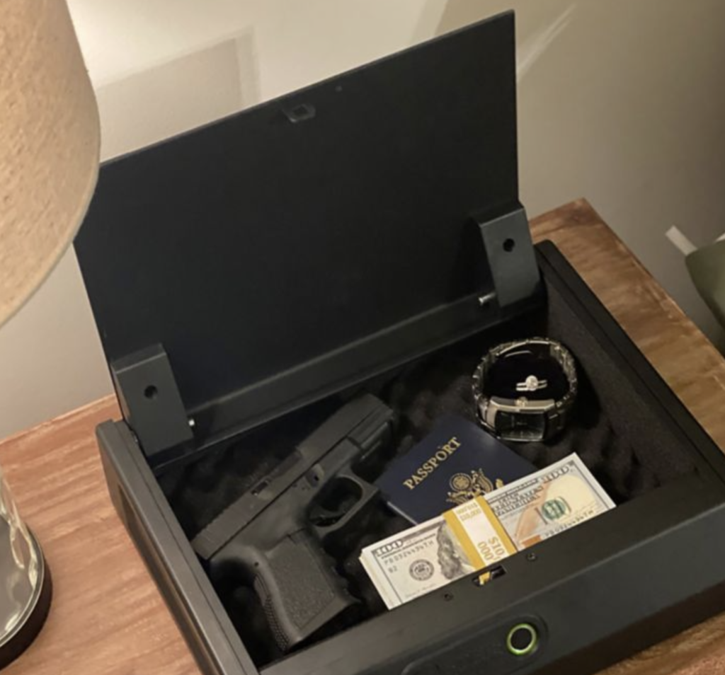 Sports Afield SA-HD6-BIO Biometric Handgun Safe on a nightstand