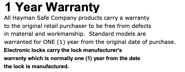 Hayman Drop Safe Warranty