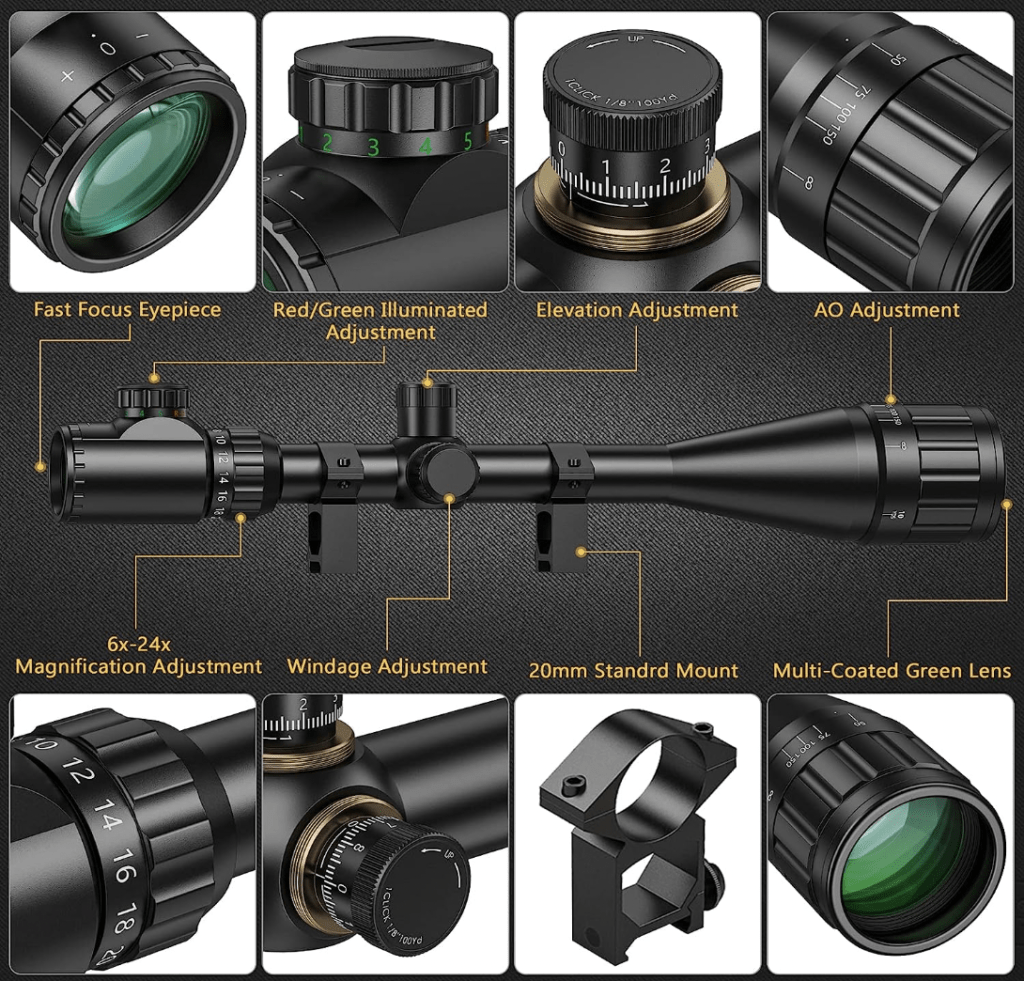 CVLIFE 6-24x50 AOE Red and Green Illuminated Gun Scope Features