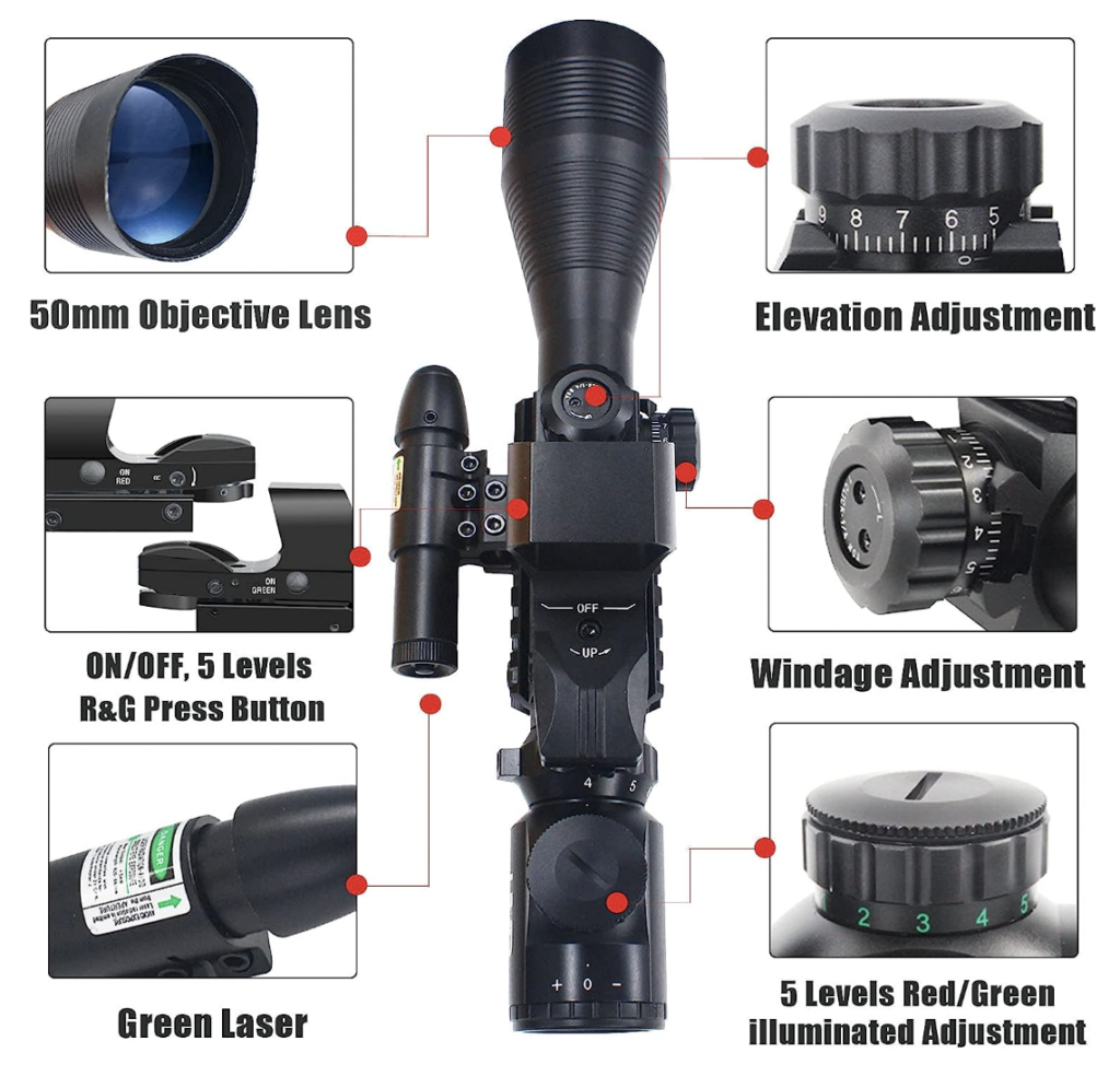 UUQ 4-12X50 Rifle Scope with Range Finder and Laser Sight Features