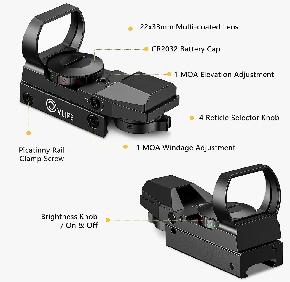 CVLIFE 1X22X33 Red Green Dot Gun Sight Scope Reflex Sight Features